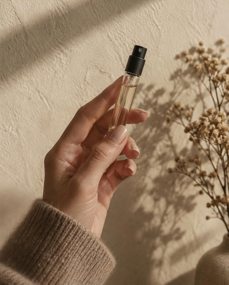 A hand holding a 2ml fragrance atomiser against a warm plaster wall
