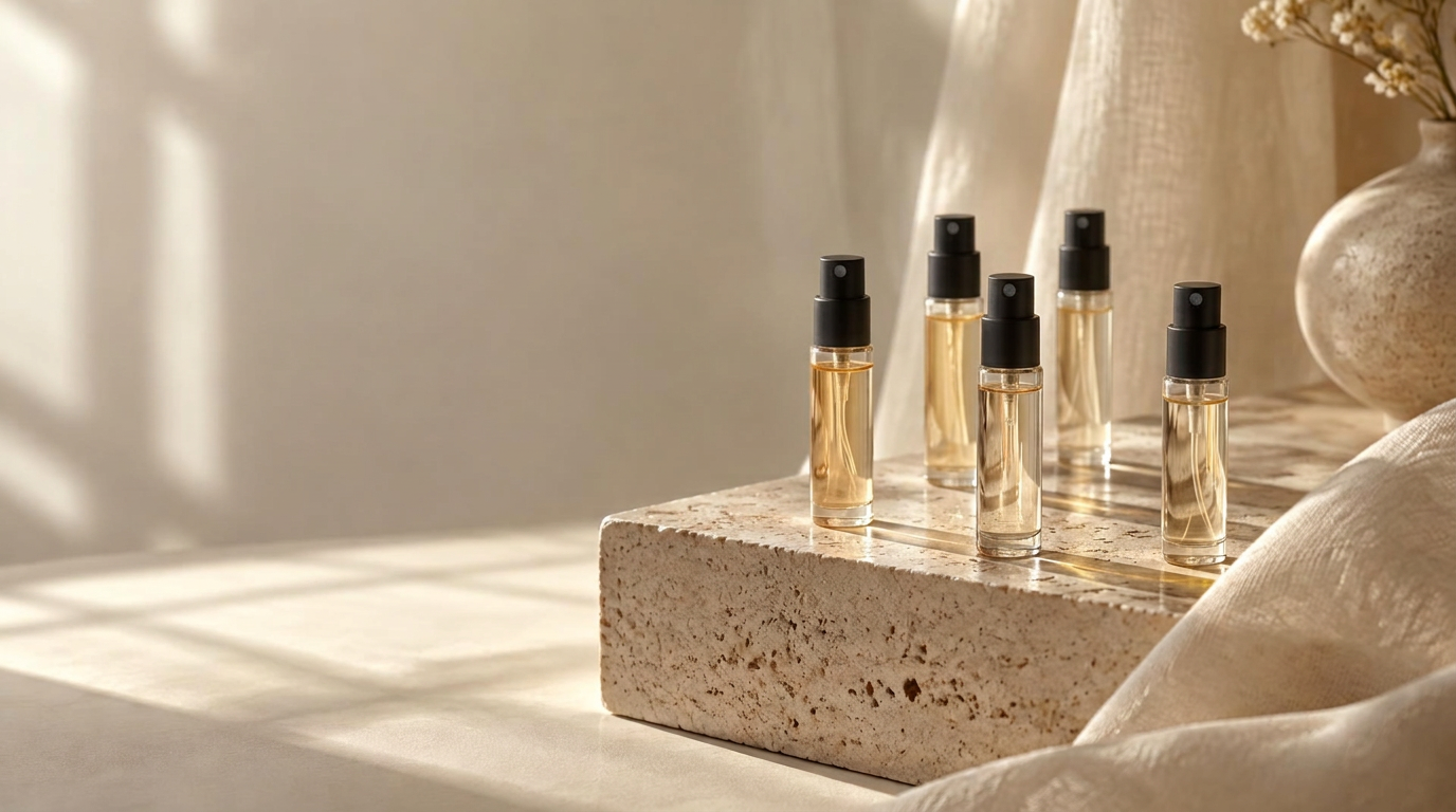 Clear 2ml glass atomisers with black caps on a travertine plinth in soft morning light